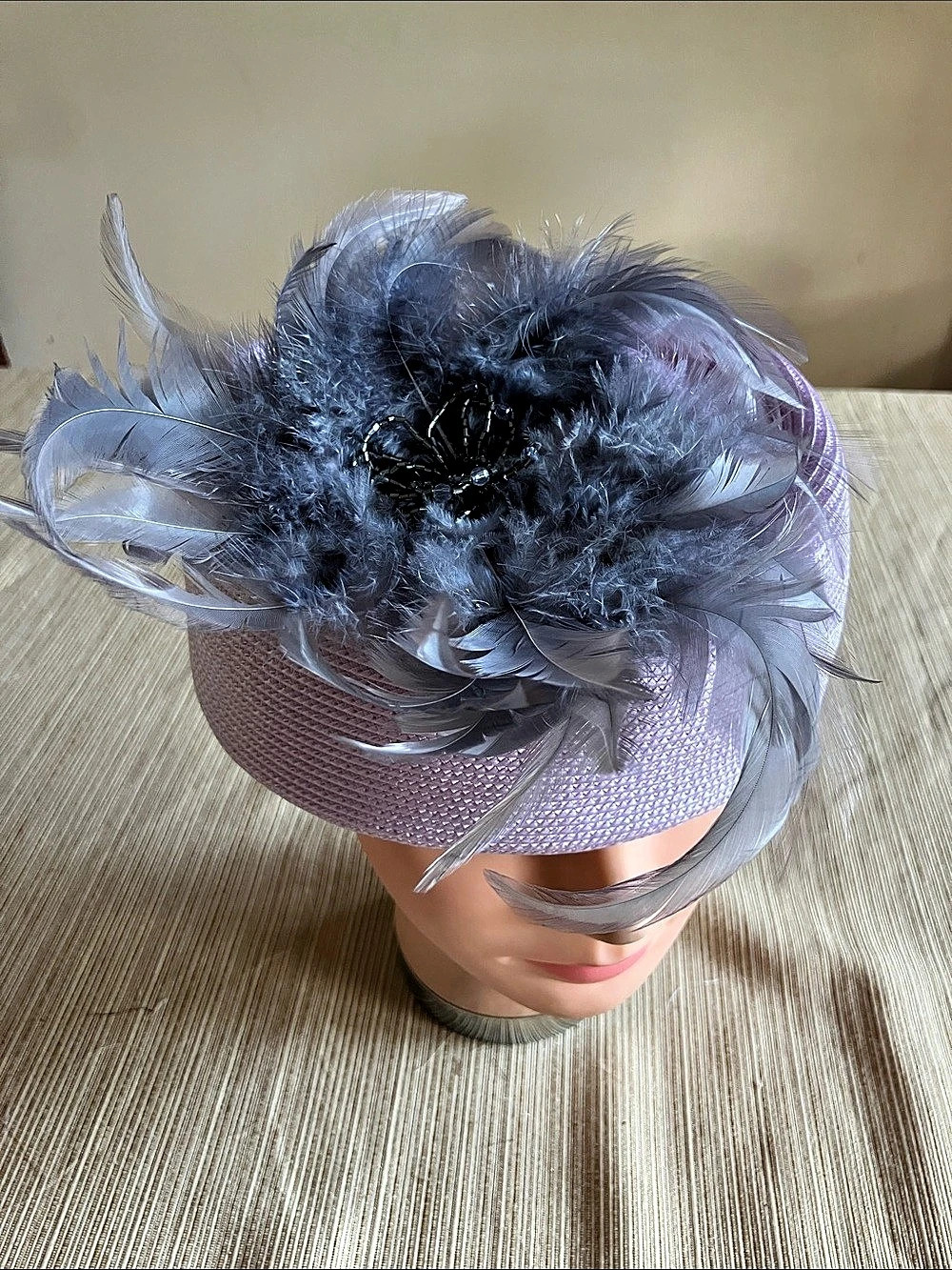 Chic Feather Fascinator Hat in Purple & Gray